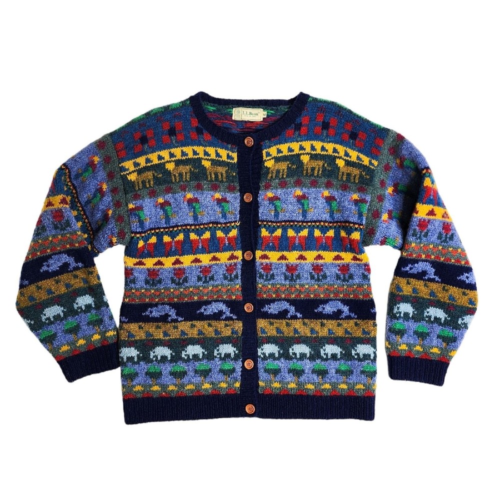 Vintage LL Bean Wool Cardigan Sweater Animals Flowers Colorful Size Medium